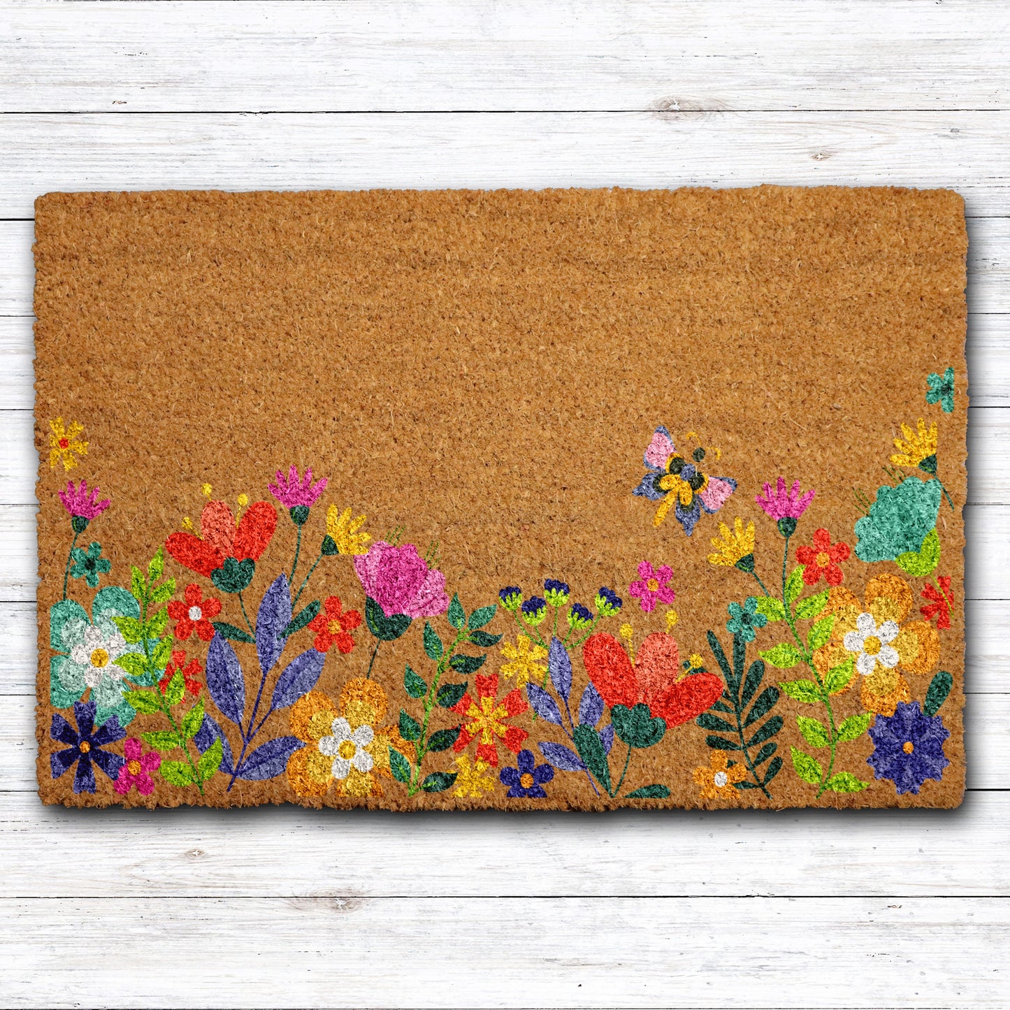 Butterfly & Floral Welcome Mat, Vibrant Spring Garden Entrance Rug