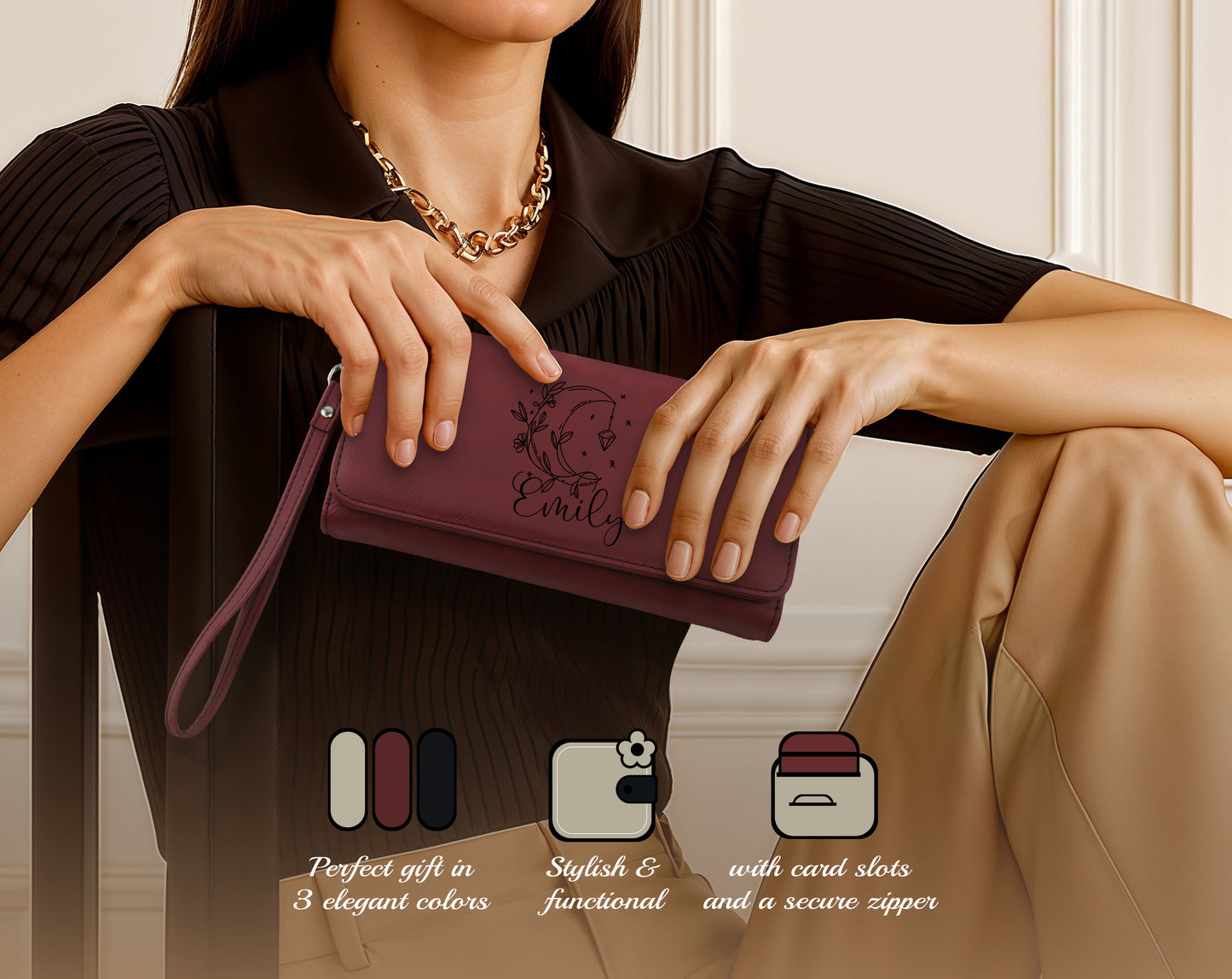Custom Engraved Vegan Leather Wristlet, Minimalist Boho Wallet for Her