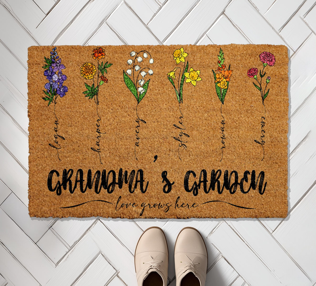 Personalized Grandkids' Name Doormat, Birth Month Flower Coir Rug!