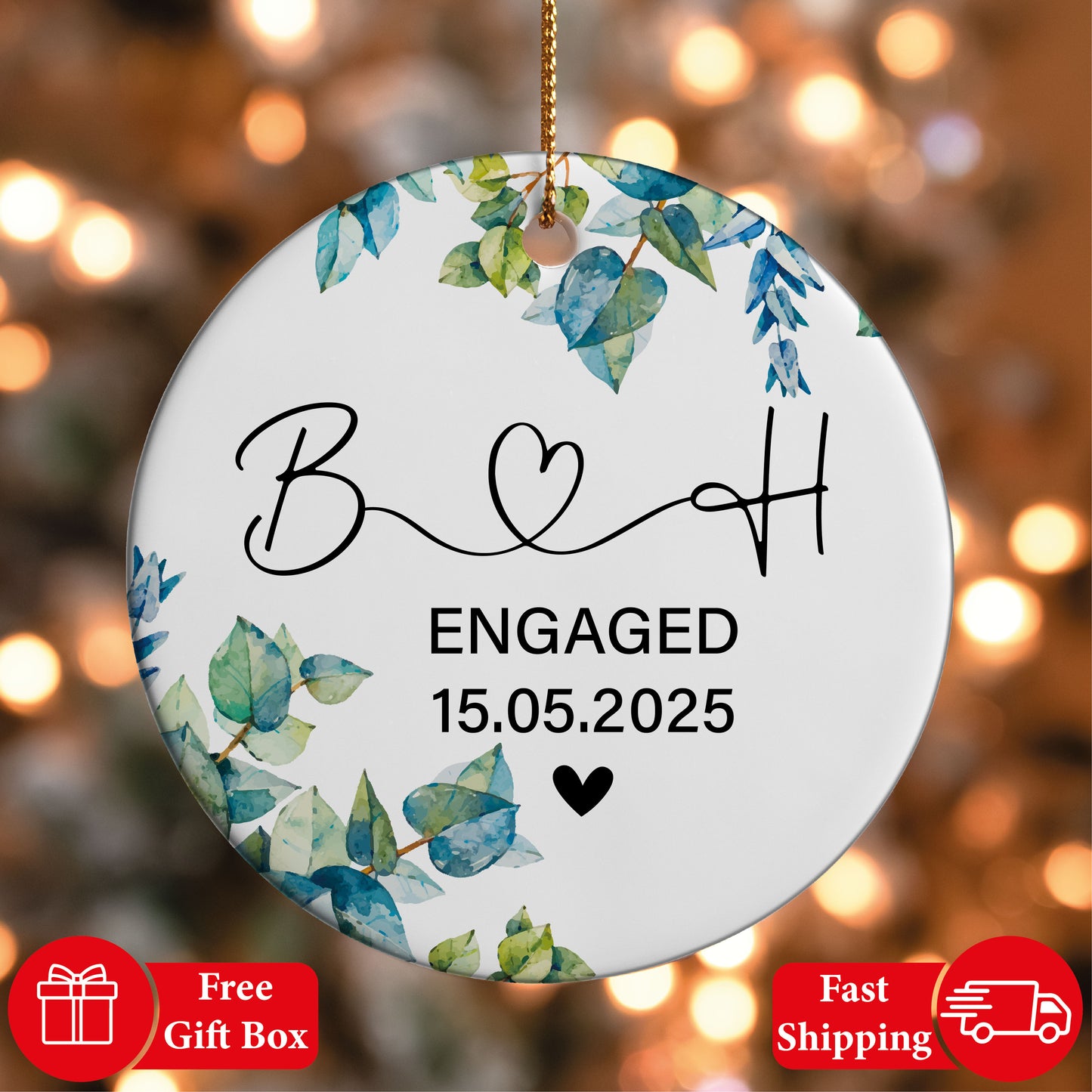 Custom Initials Ceramic Ornament, Elegant Engagement Date Keepsake, Engaged Gift