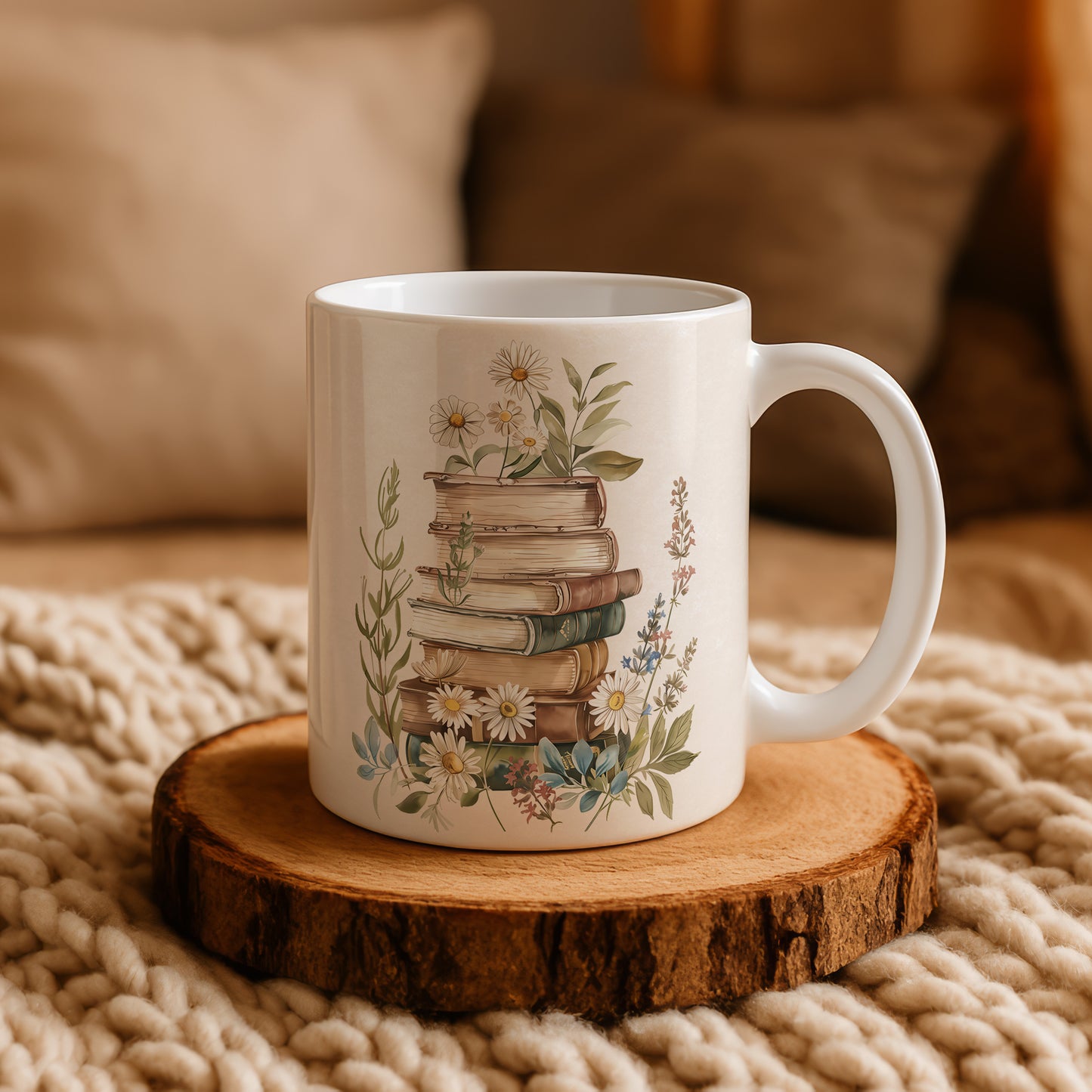 Vintage Book Lover Mug, Daisy Flowers Tea Cup, Boho Bookish