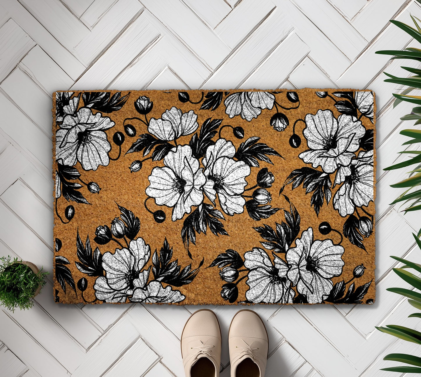 Hand Painted Poppy Flowers Welcome Mat, Rustic Garden Decor
