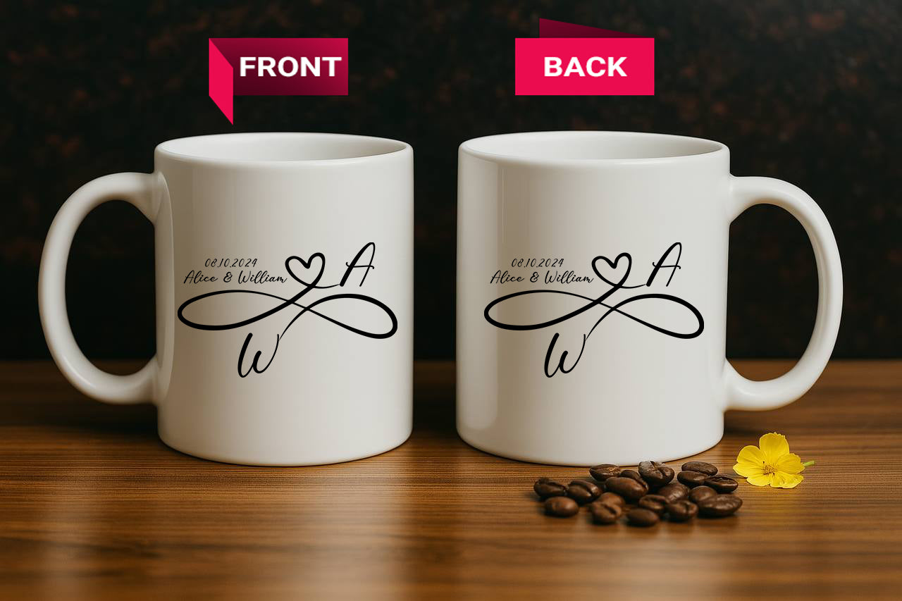 Infinity Heart Couple Mug, Personalized Anniversary Gift, Wedding Date Cup
