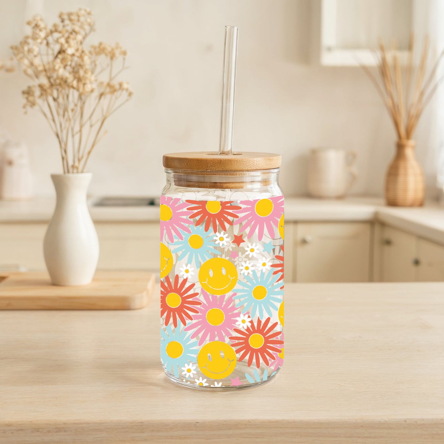 Colorful Daisy Glass Cup, Floral Smiley Tumbler, Aesthetic Iced Drinkware