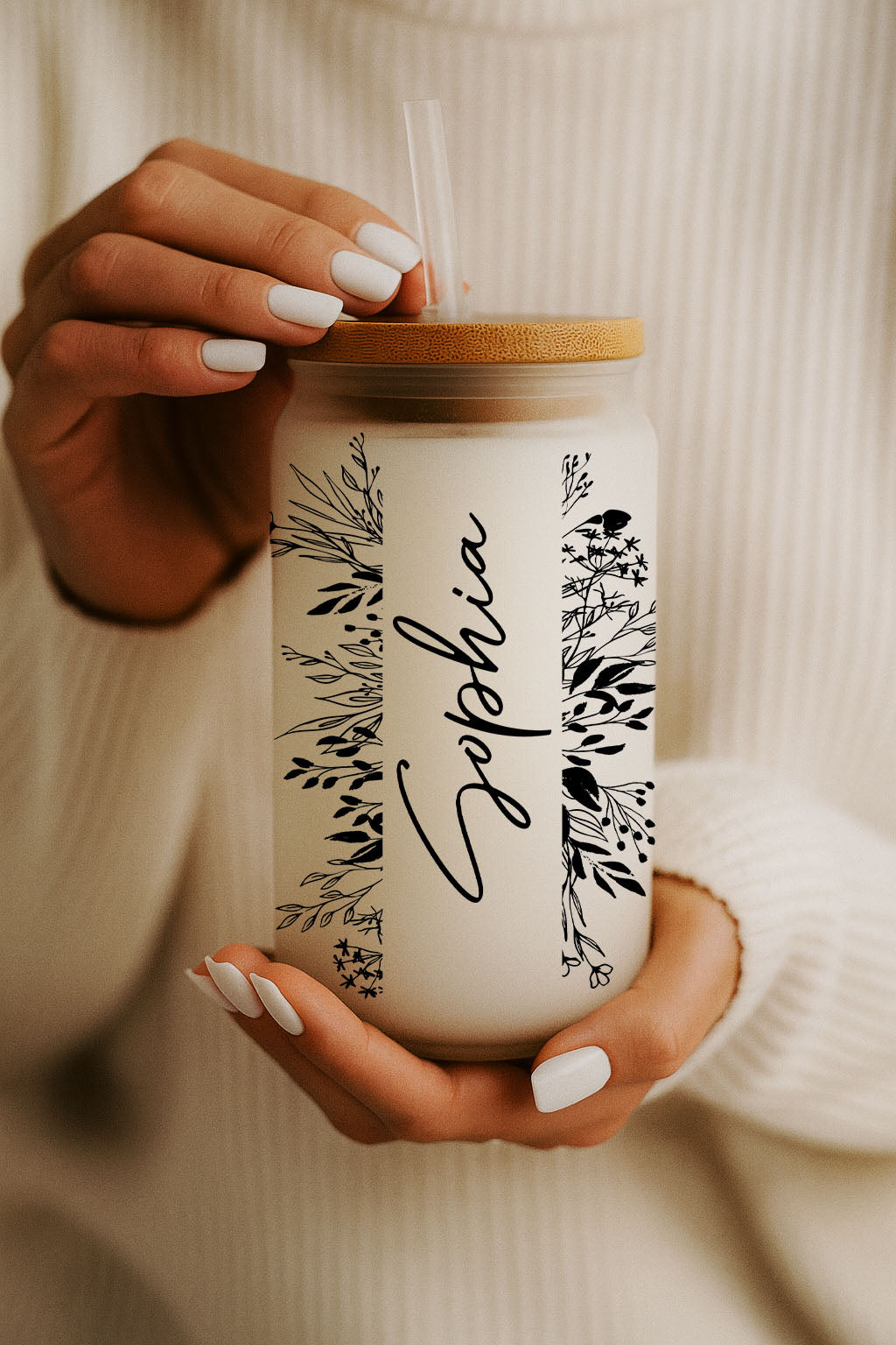 Floral Personalized Team Can Glass Tumbler, Motivation Iced Coffee Cup