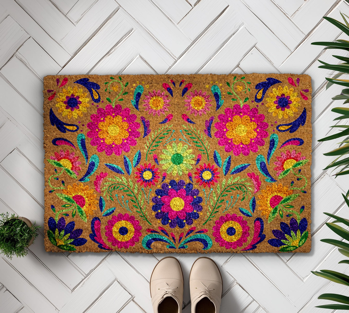Vibrant Flowers Welcome Mat, Boho Housewarming Gift, Colorful Floral Doormat