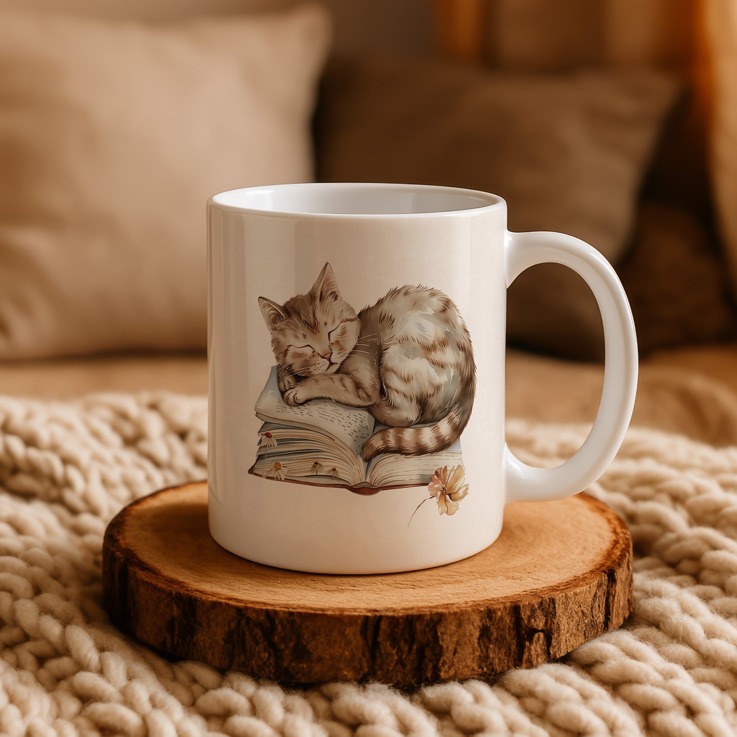 Cozy Cat Lover's Reading Mug, Bookworm Gift with Ceramic Charm