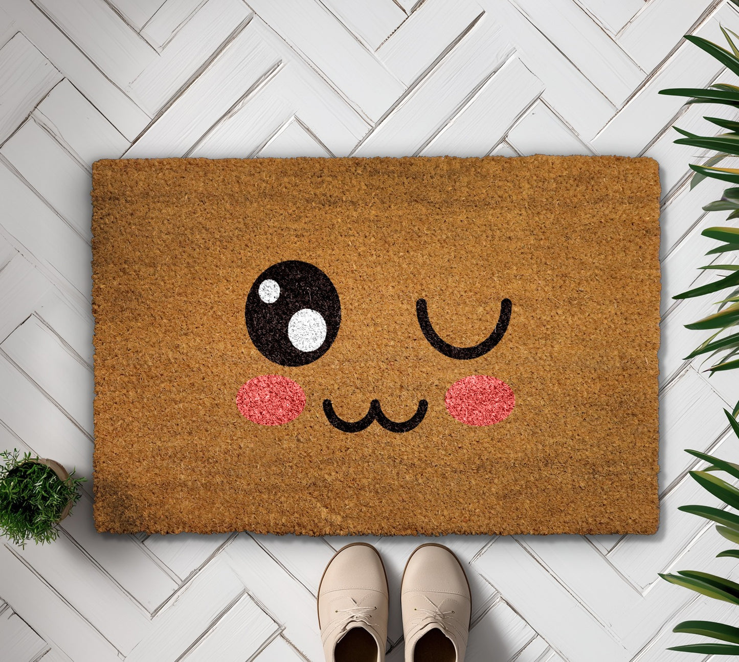 Playful Winking Emoji Doormat, Blush Cheeks Welcome Rug, Front Door Decor