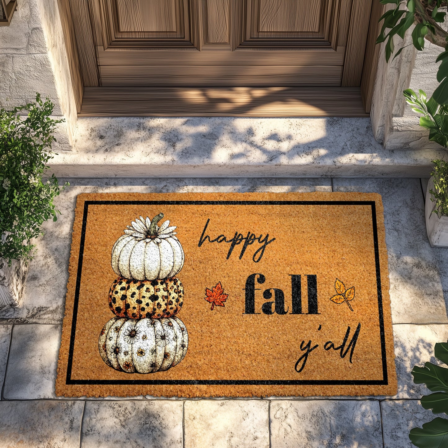 Fall Farmhouse Doormat, Welcome Autumn with Pumpkin and Turkey