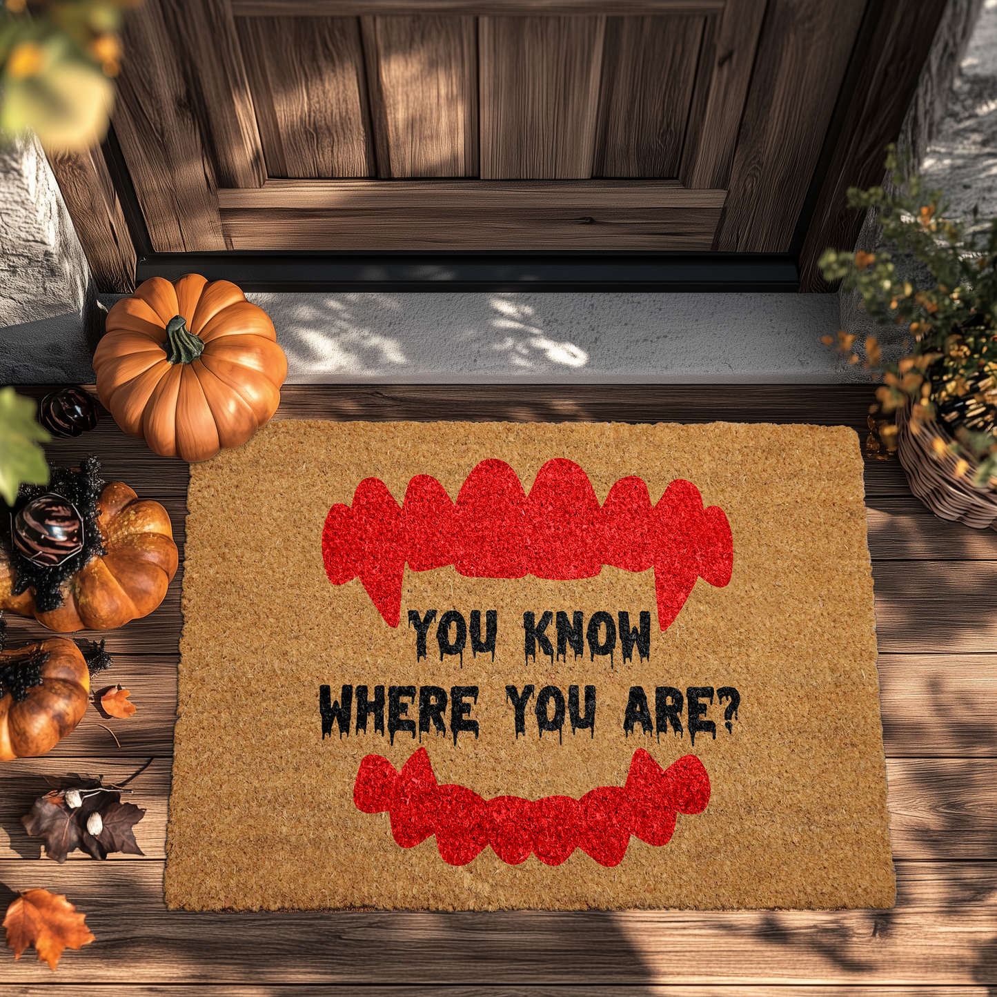 Welcome in Style with our Vampire Fangs Coco Doormat