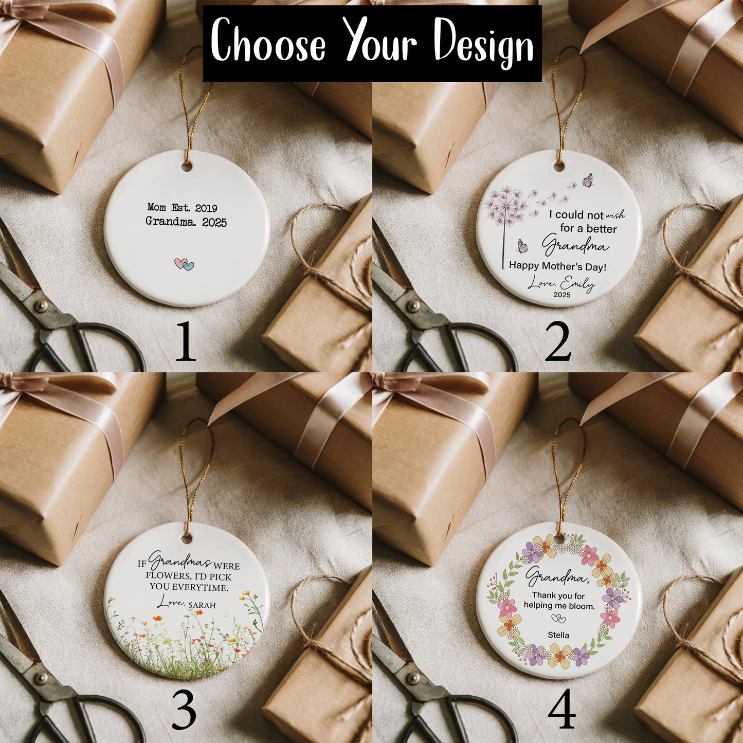 Personalized Floral Grandma Ornaments, New Granny Ceramic Keepsake Gift
