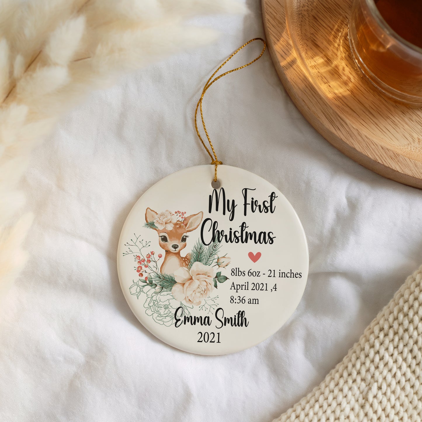 Personalized Baby Birth Stats Ornament, Deer Theme Nursery Decoration, Winter Keepsake.