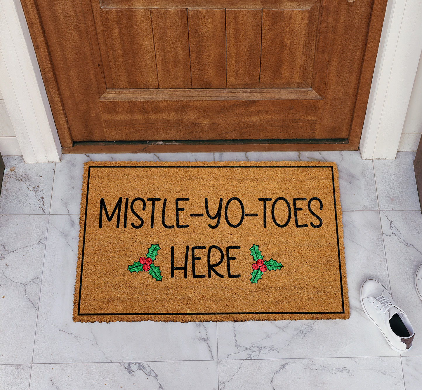 Mistle-Yo-Toes Here Doormat, Holly Berries Welcome Mat, Funny Entrance Rug