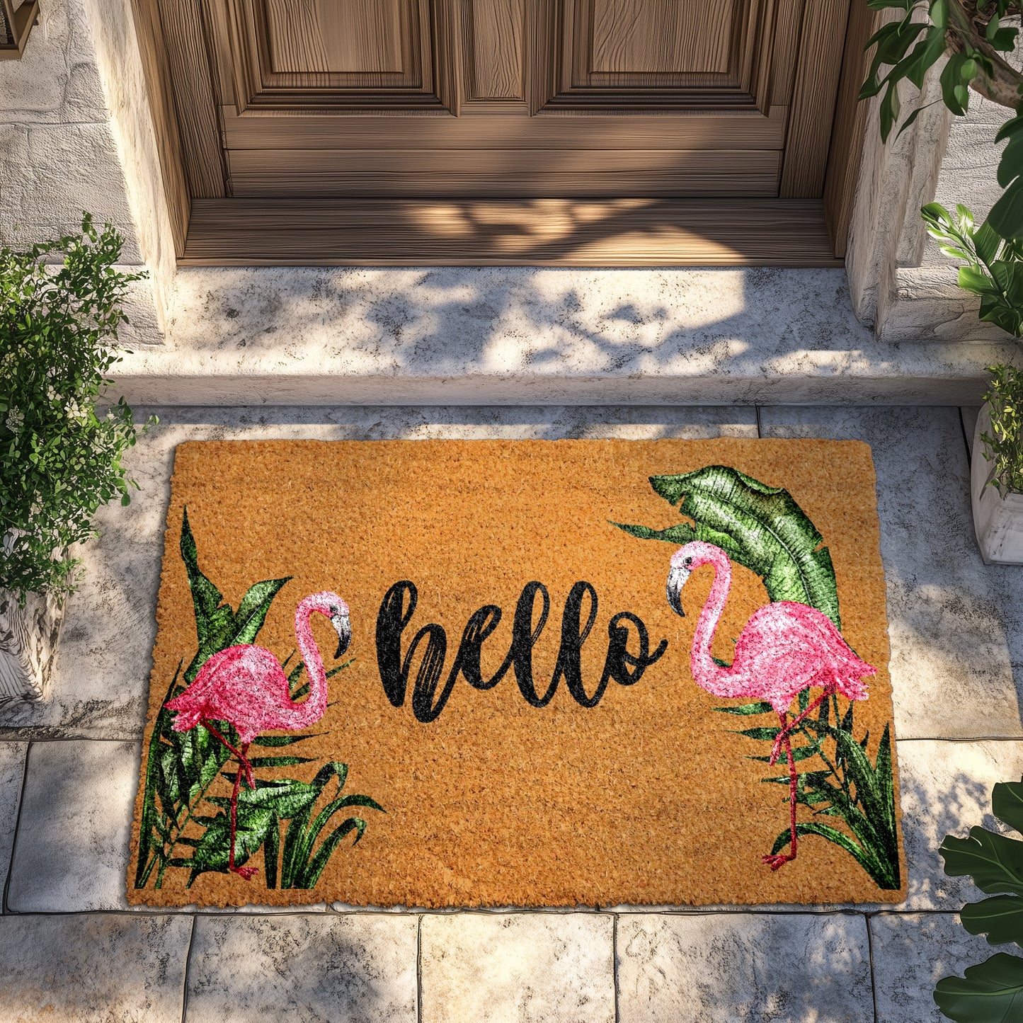 Tropical Leaves & Pink Flamingo Doormat: Charming Summer Welcome Rug