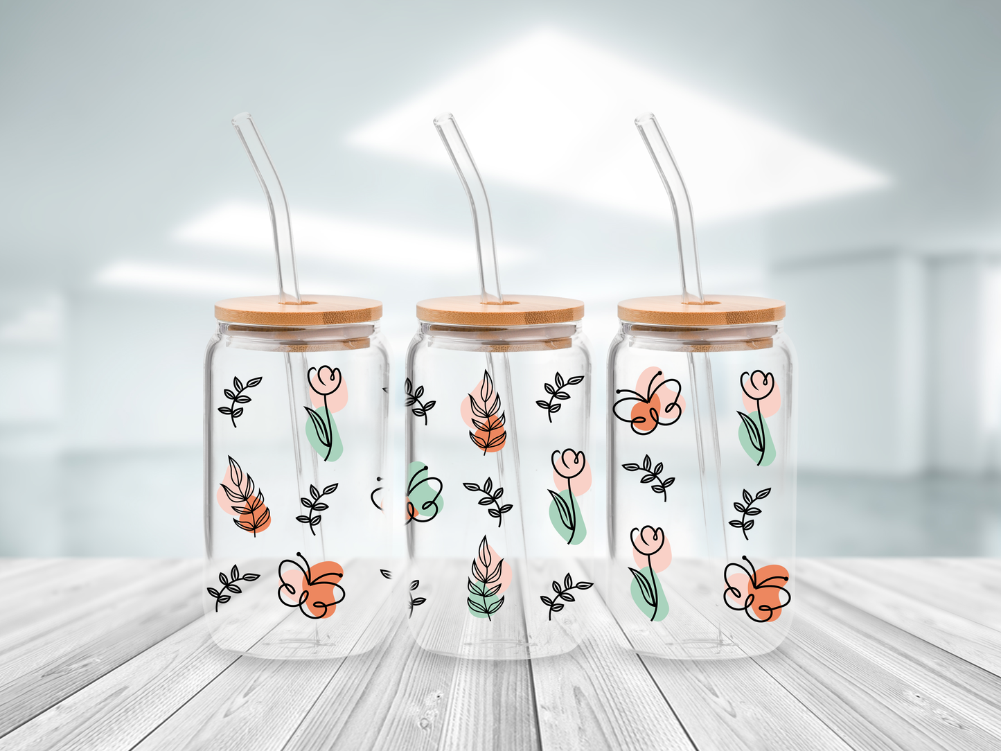 Chic Butterfly, Minimalist Floral Can Glass, Boho Botanical Mug