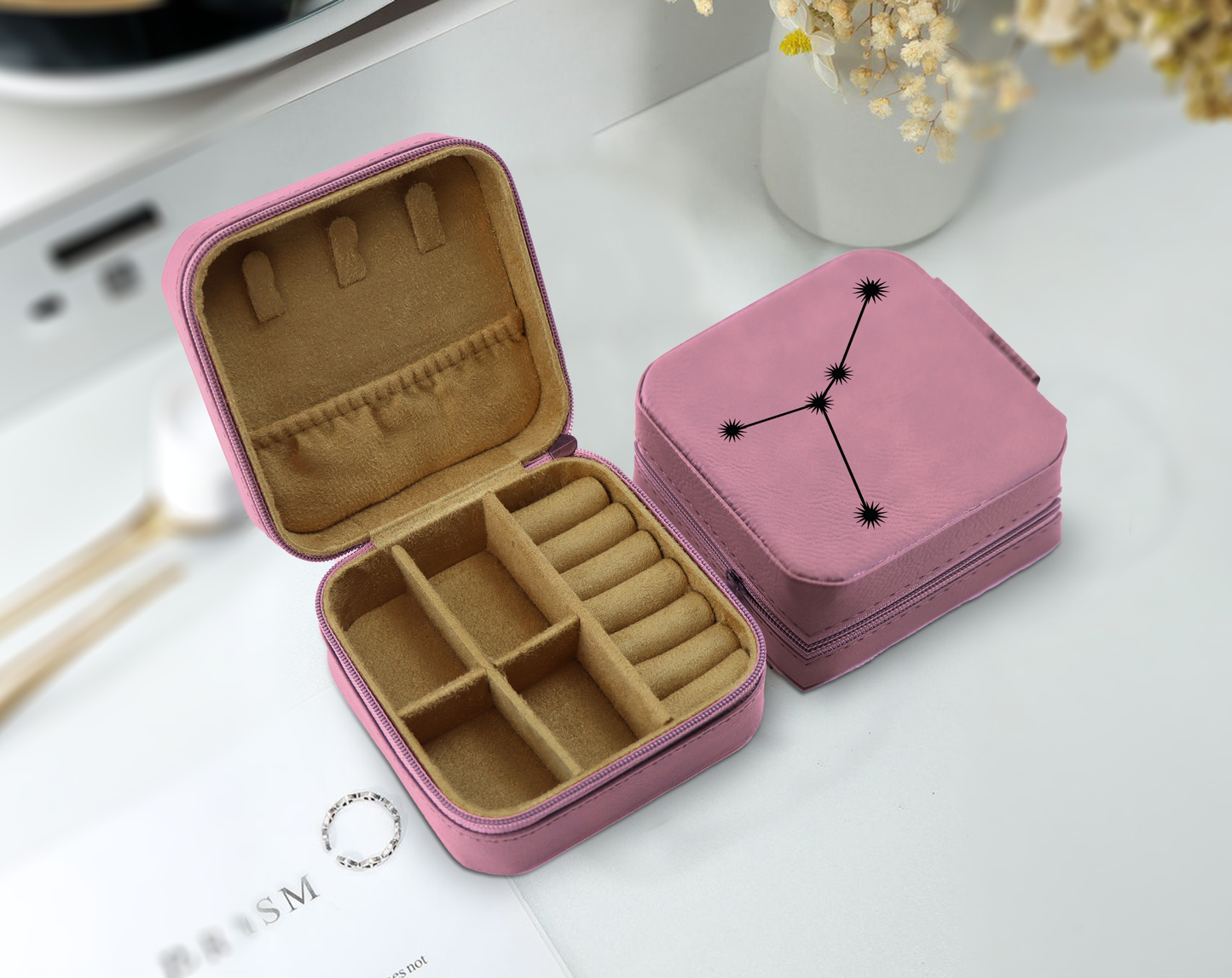 Zodiac Sign Jewelry Box, Travel Organizer - Engraved Vegan Leatherette