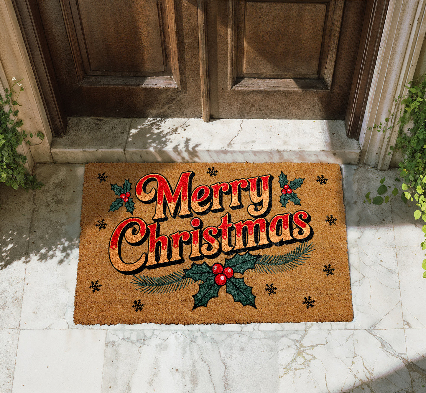 Holly Berry Xmas Welcome Mat, Festive Holiday Home Decor