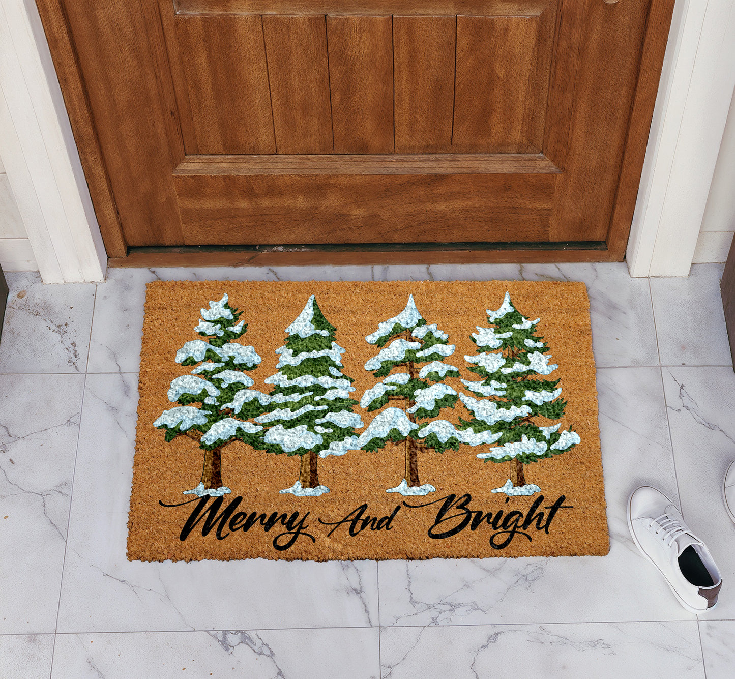Snowy Pine Tree Welcome Mat, Festive Winter Front Porch Decor