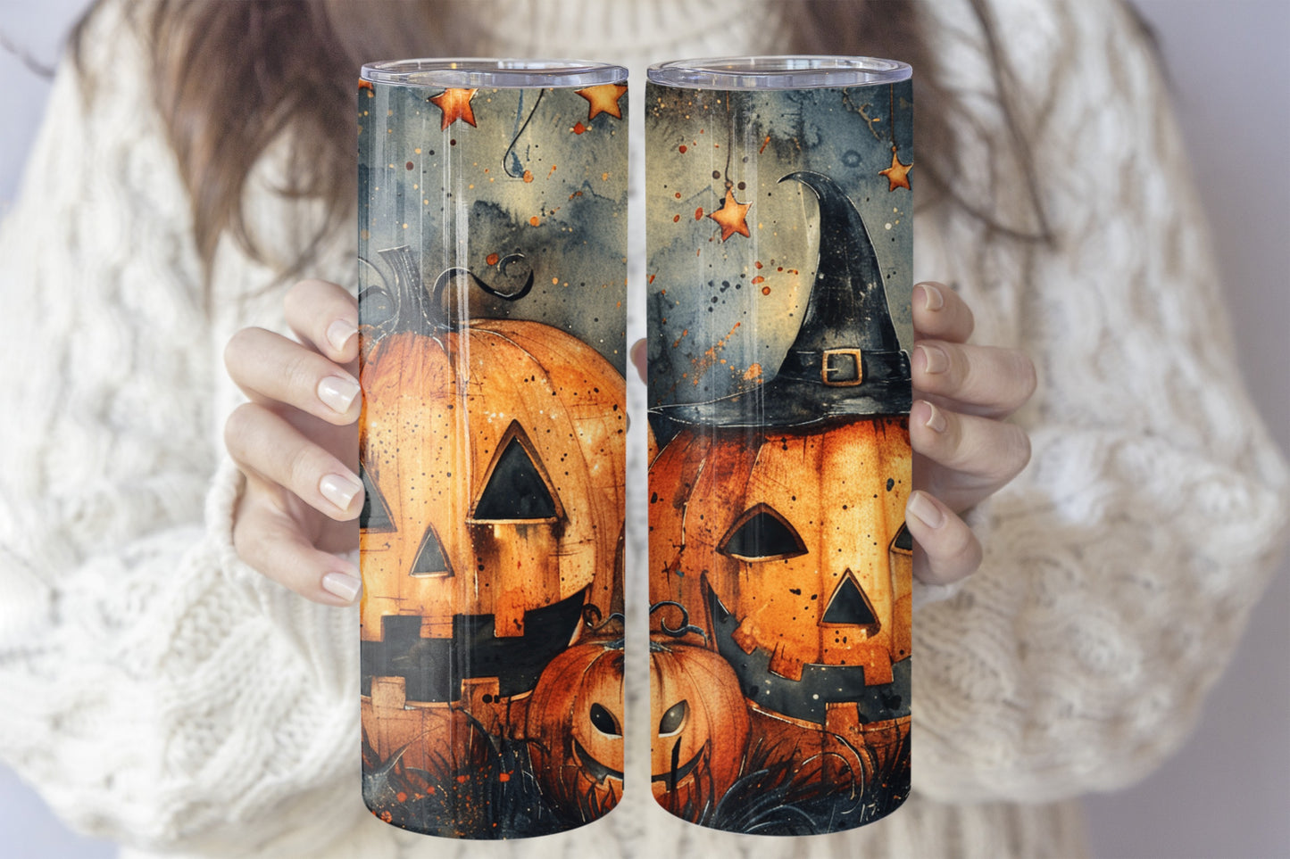 Witchy Pumpkin Stainless Steel Tumbler, Spooky Jack-O-Lantern Family Theme