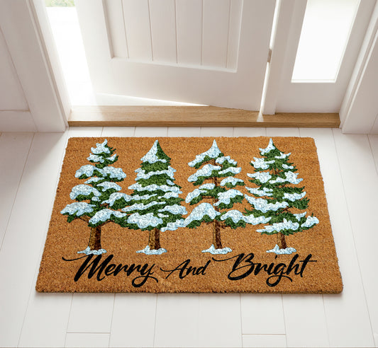 Snowy Pine Tree Welcome Mat, Festive Winter Front Porch Decor