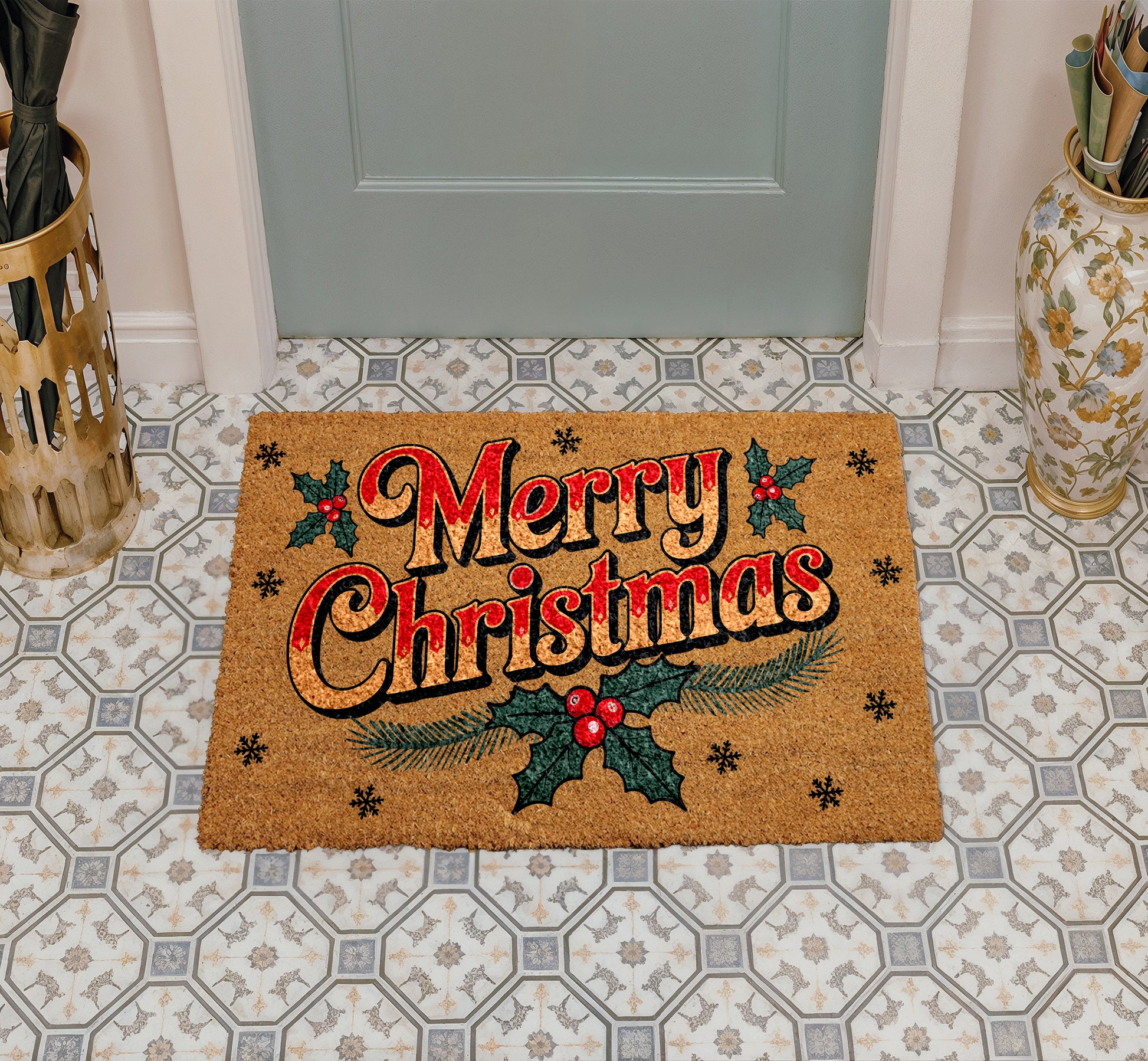 Holly Berry Xmas Welcome Mat, Festive Holiday Home Decor