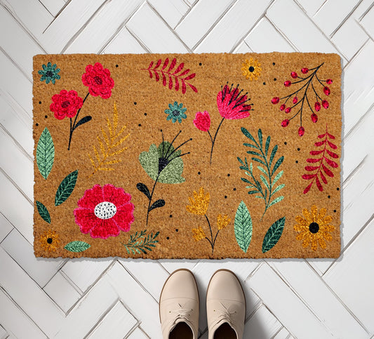 Boho Wildflower Welcome Mat, Vibrant Blooms Front Porch Rug
