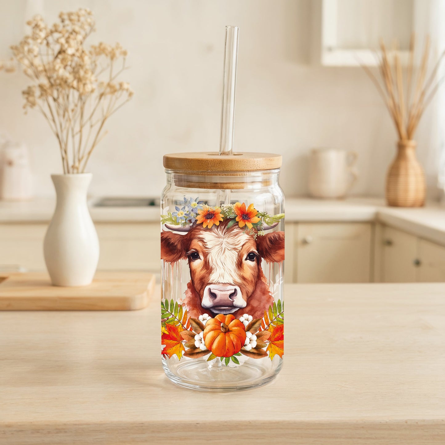 Floral Cow and Pumpkins Design Tumbler, Eco-Friendly, Autumn Style