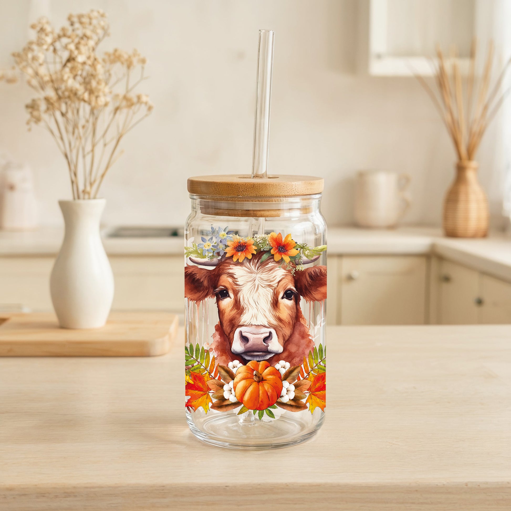 Floral Cow and Pumpkins Design Tumbler, Eco-Friendly, Autumn Style