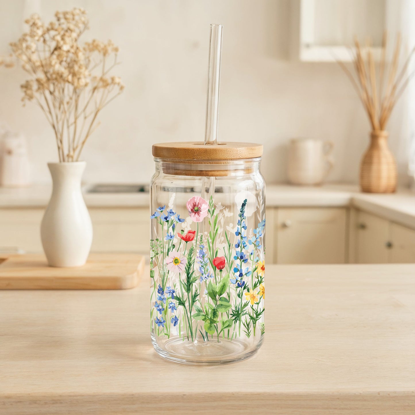 Vibrant Wild Flowers Glass Tumbler, Eco-Friendly Bamboo Lid Cup