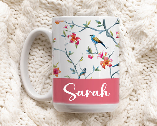 Botanical Ceramic Mug, Nature Inspired Tea Cup, Garden Bird Lover Gift