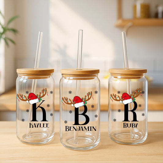 Personalized Santa Hat Can Glass Tumbler, Monogrammed Christmas Coffee Cup