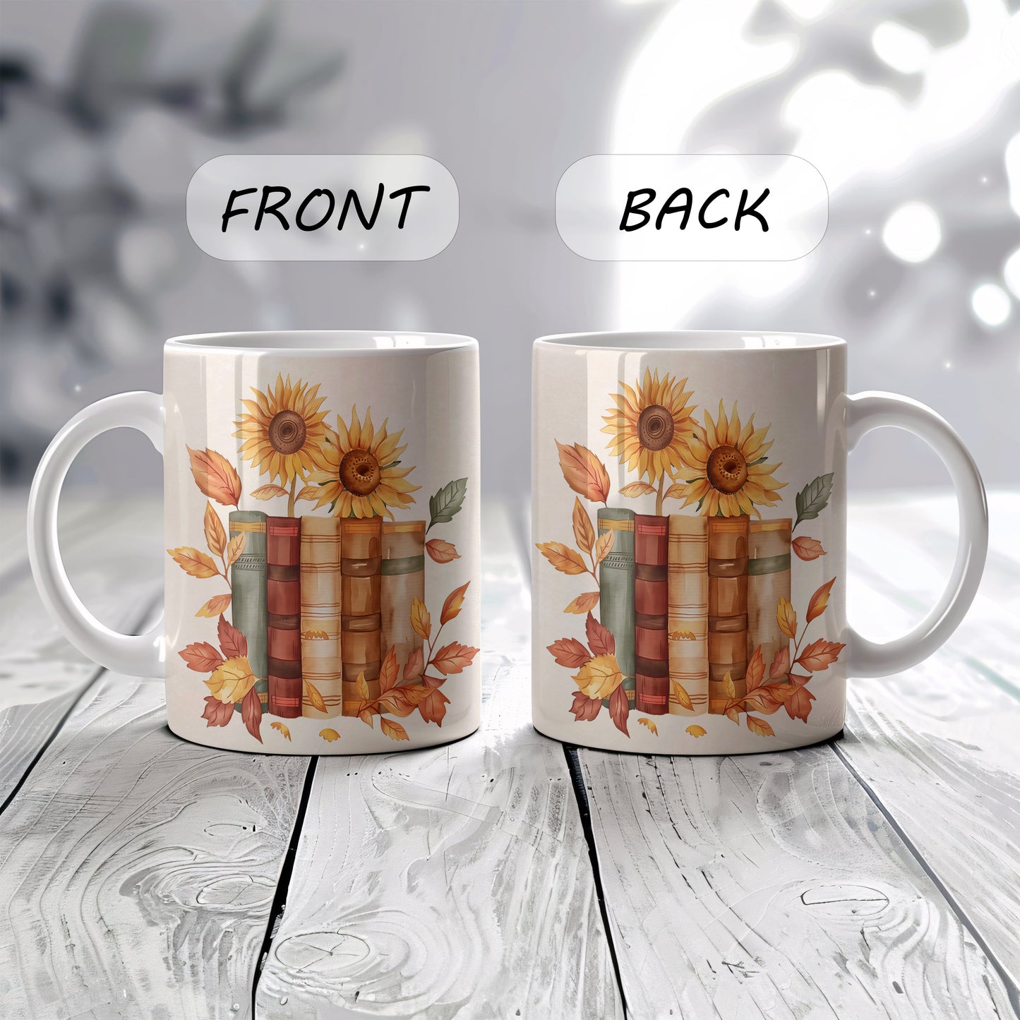 Sunflowers Mug, Cozy Bookworm Cup, Autumn Reader Drinkware.
