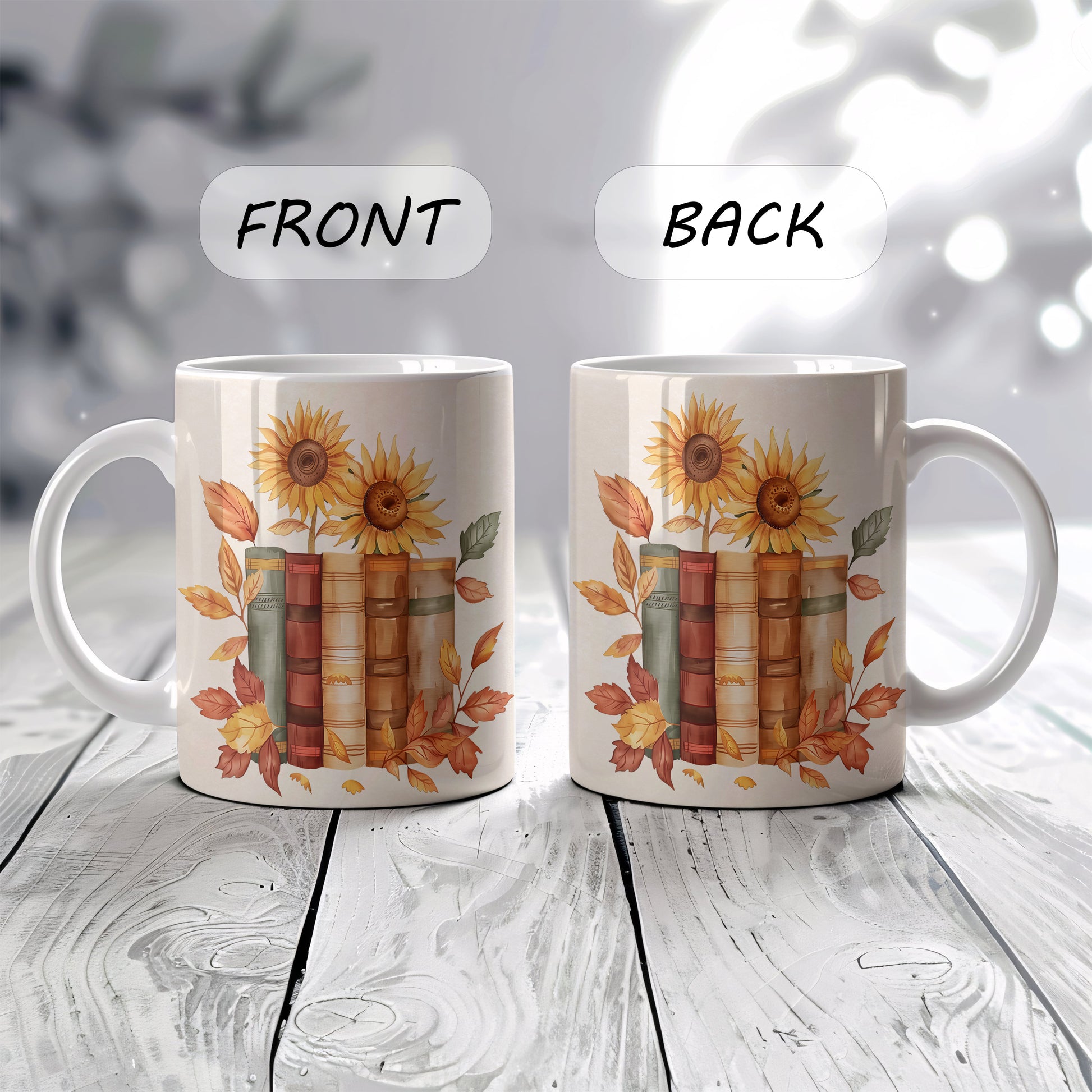 Sunflowers Mug, Cozy Bookworm Cup, Autumn Reader Drinkware.