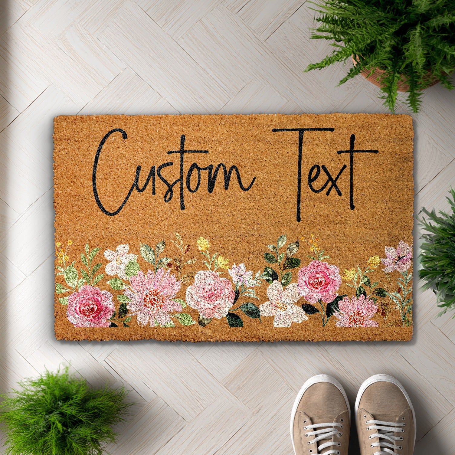 Custom Welcome Mat: Personalized Floral Design for Boho Housewarming