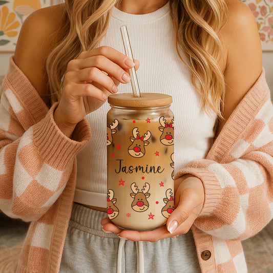 Personalized Reindeer Can Glass: Festive Holiday Drinkware, Christmas Gift