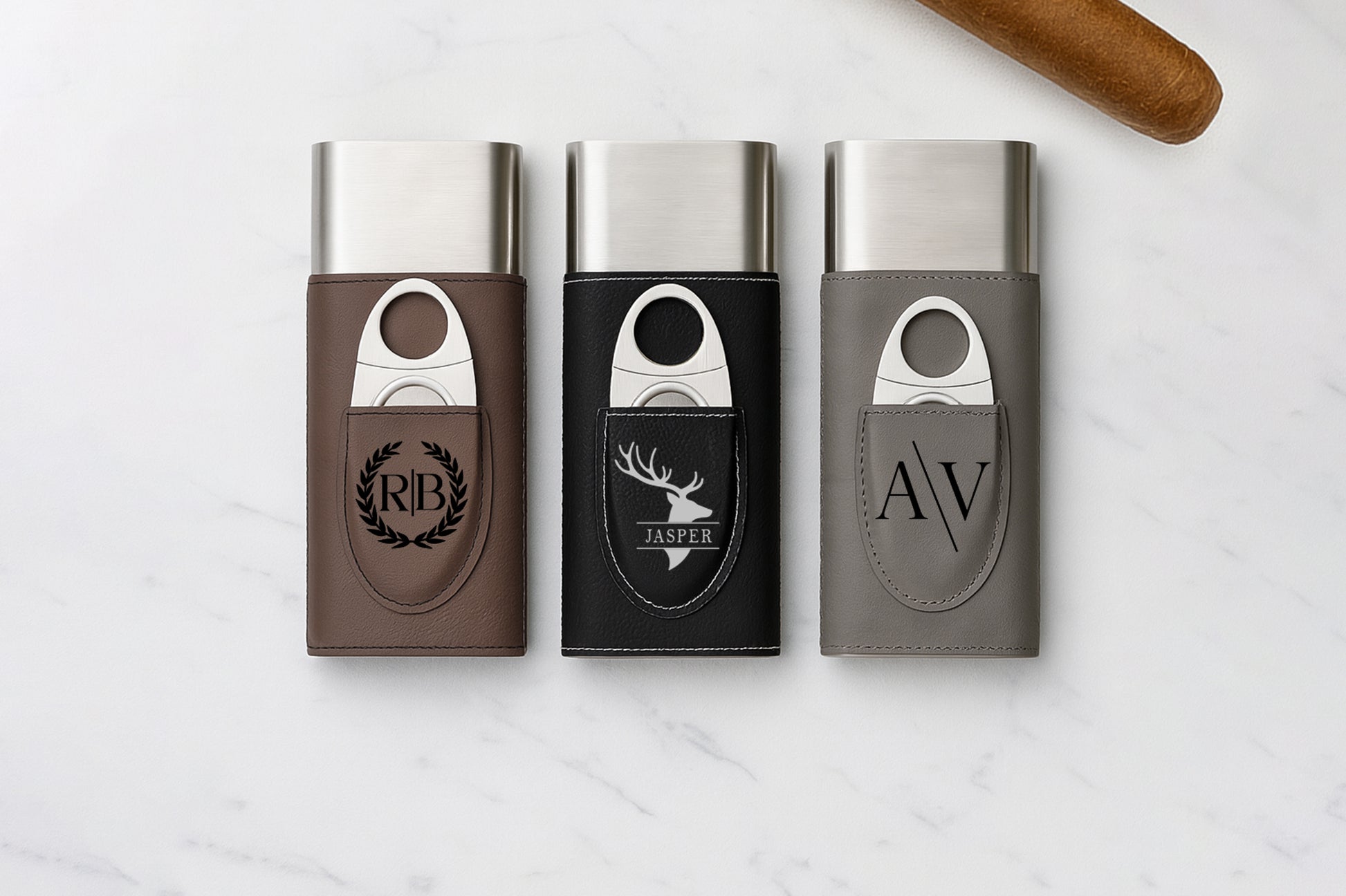 Custom Vegan Leather Cigar Case, Engraved Groomsmen Gift & Cutter