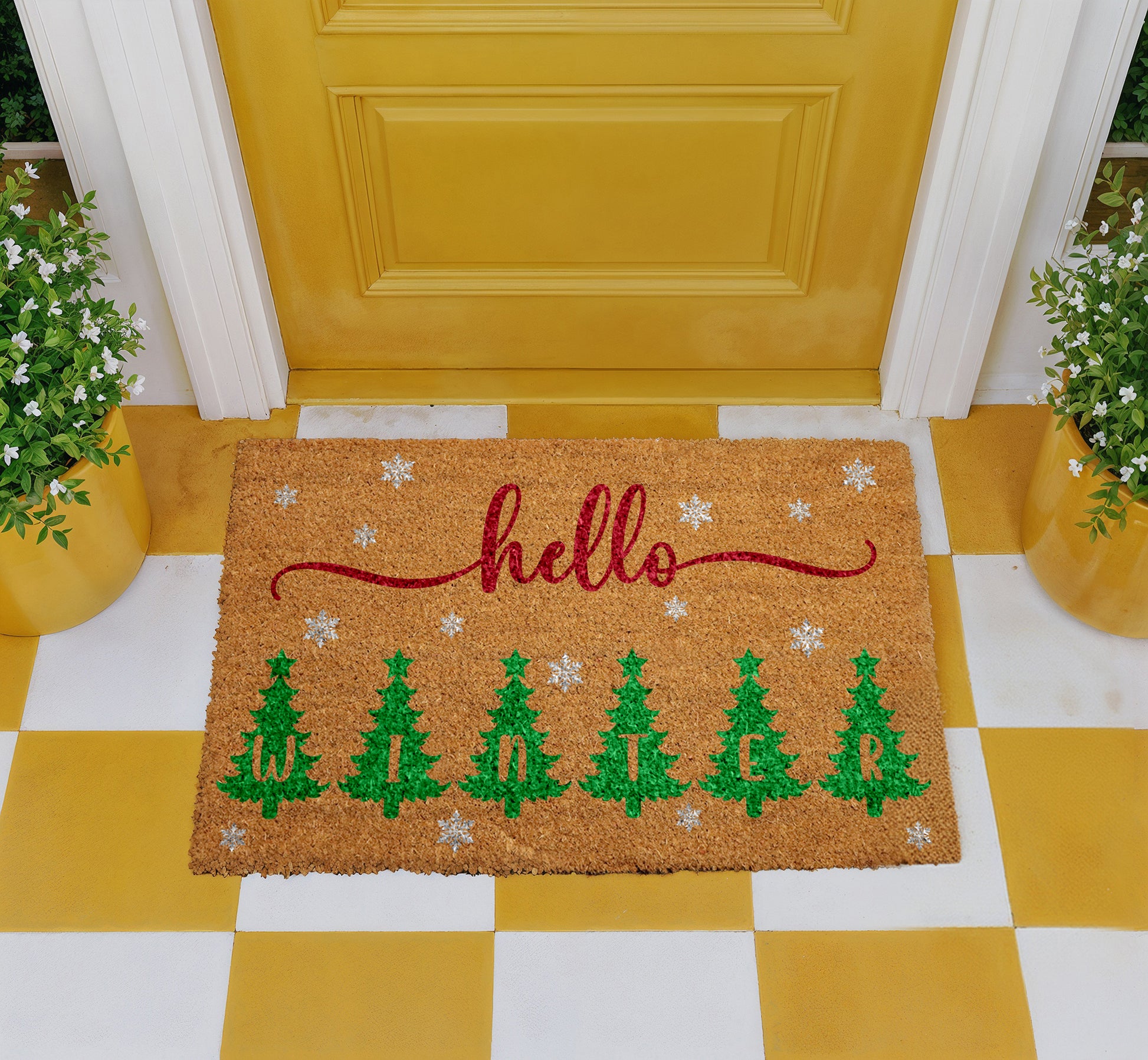 Snowflakes & Trees Welcome Mat, Festive Holiday Home Decor