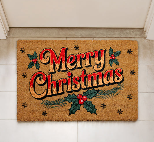 Holly Berry Xmas Welcome Mat, Festive Holiday Home Decor