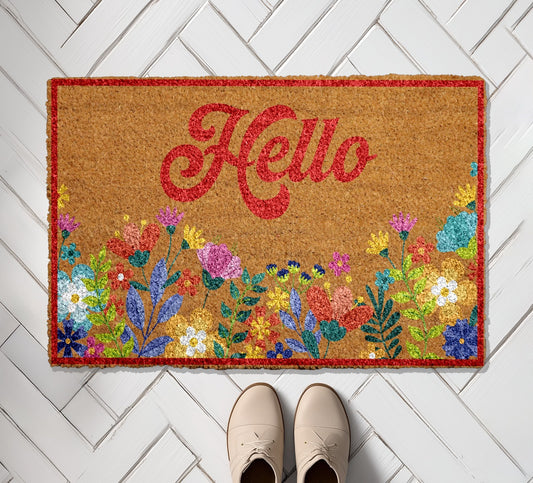 Charming Floral Hello Doormat, Vibrant Boho Flower Welcome Mat