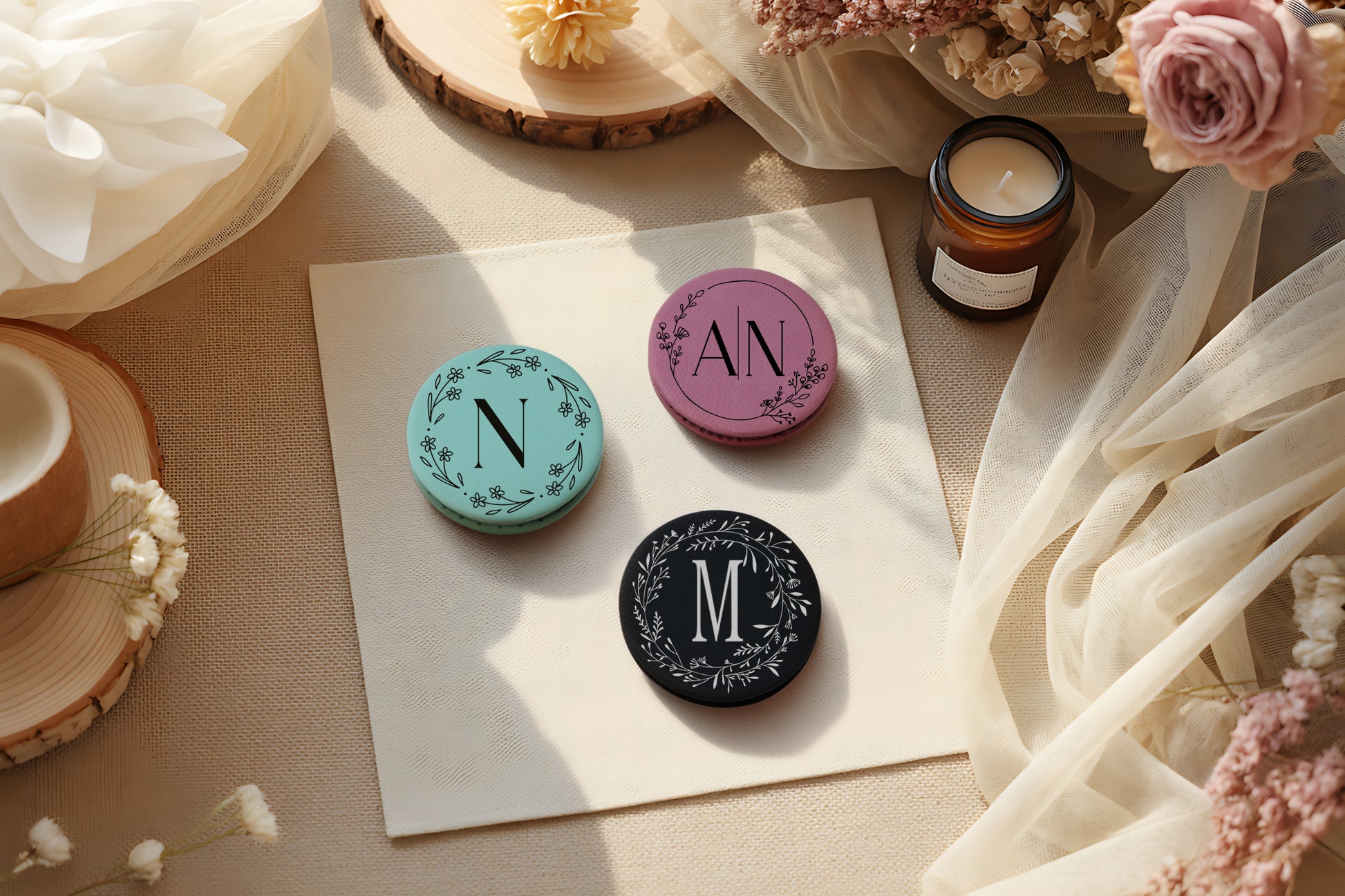 Customizable Vegan Leather Compact Mirror, Personalized Monogram Portable, Valentine's Day.