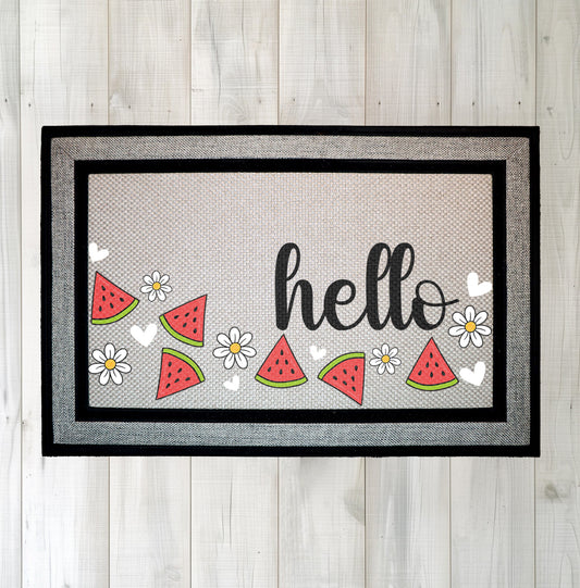 Summer Vibes Home Decor, Watermelon & Daisy Hello Doormat, Cheerful Entryway Mat