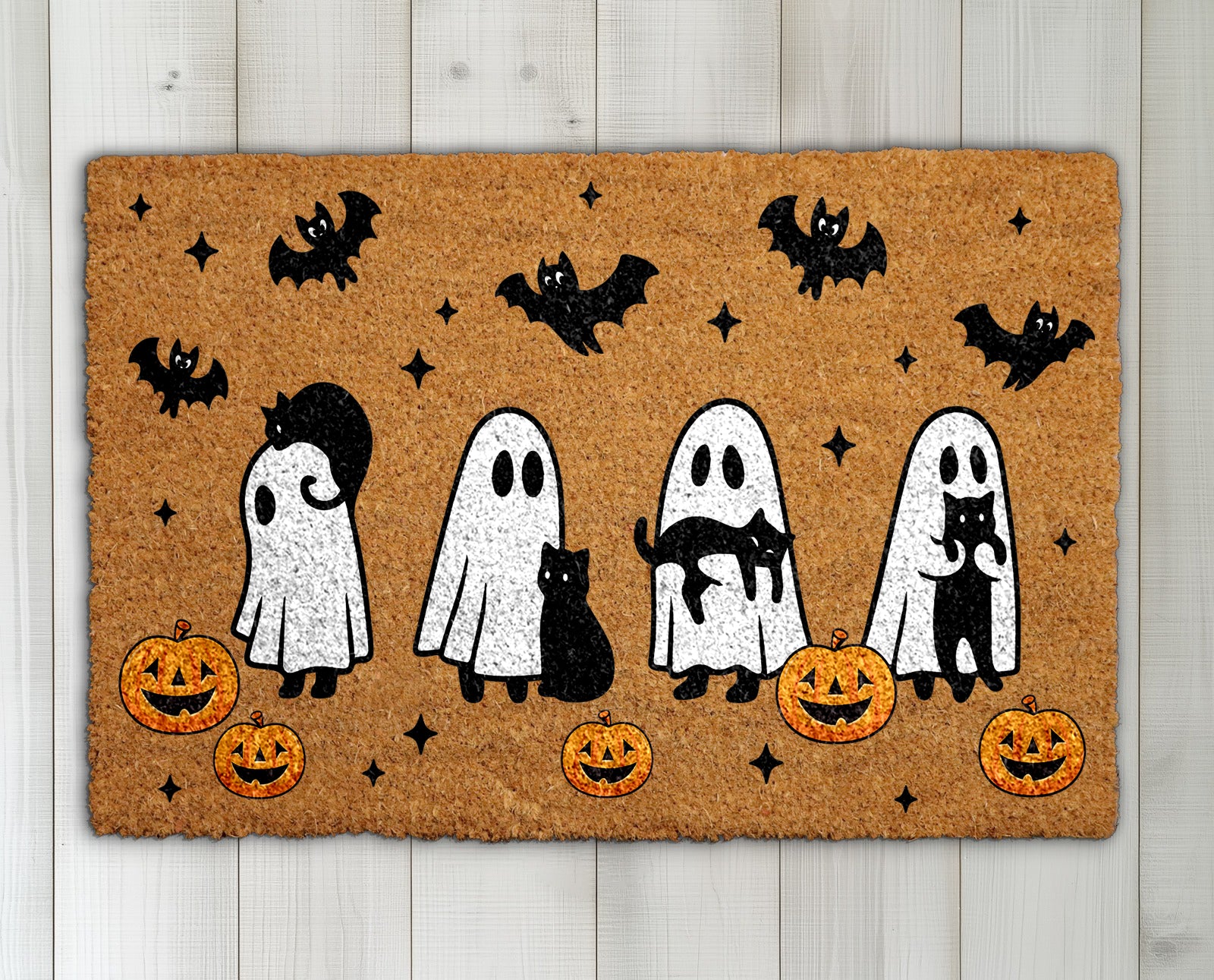 Cats & Bats Halloween Doormat, Spooky Cats, Cute Ghosts Welcome Mat