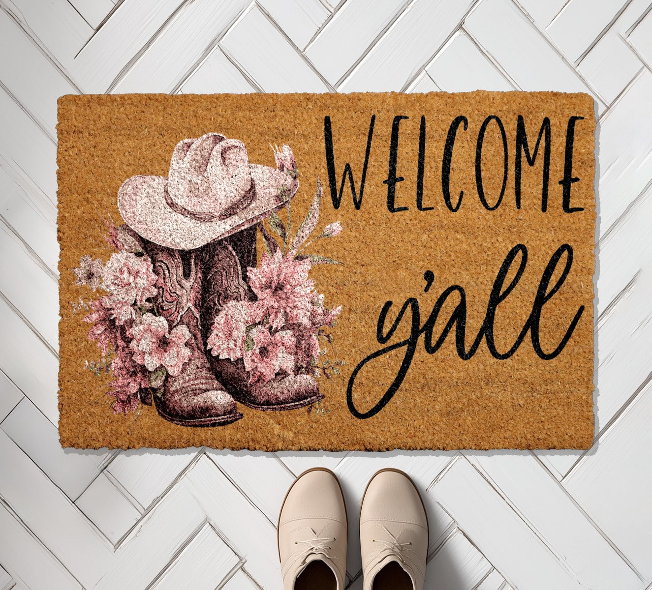 Pink Cowboy Boots and Hat Welcome Mat for Western Home.