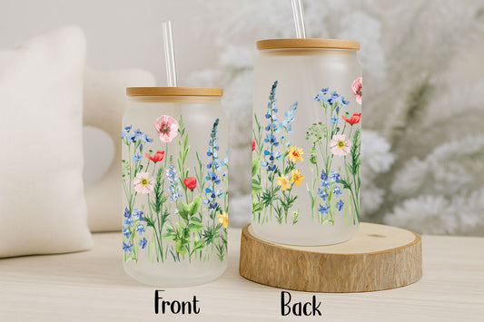 Vibrant Wild Flowers Glass Tumbler, Eco-Friendly Bamboo Lid Cup