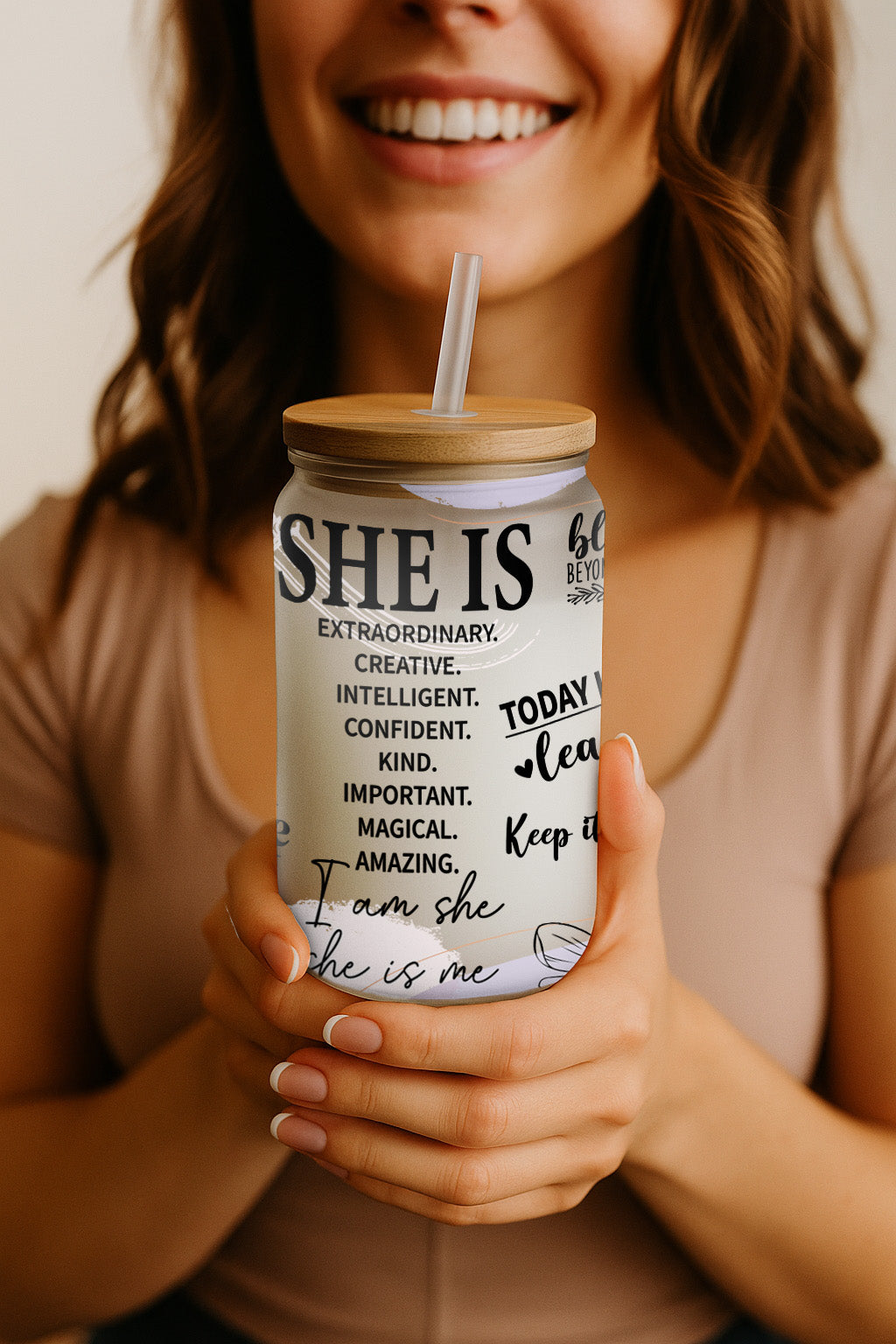 Energetic Sipper Glass, Motivational Tumbler, Stylish Bamboo Cup - Gift!