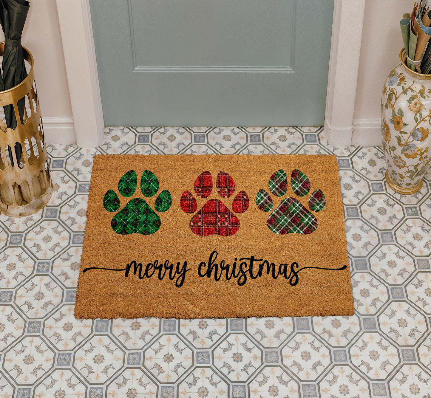 Paw Print Plaid Doormat, Dog Mom Winter Decor, Pet Welcome