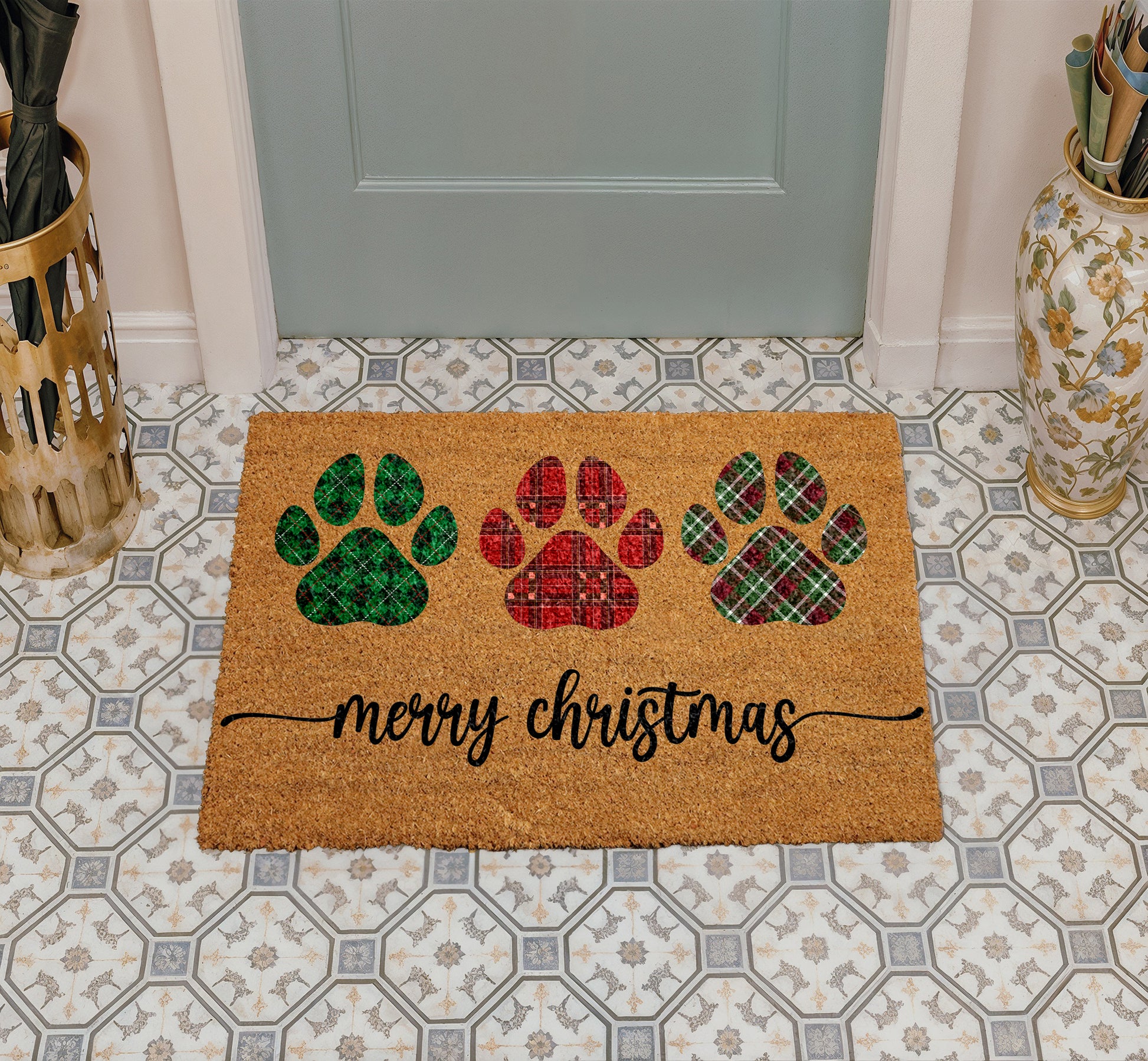 Paw Print Plaid Doormat, Dog Mom Winter Decor, Pet Welcome