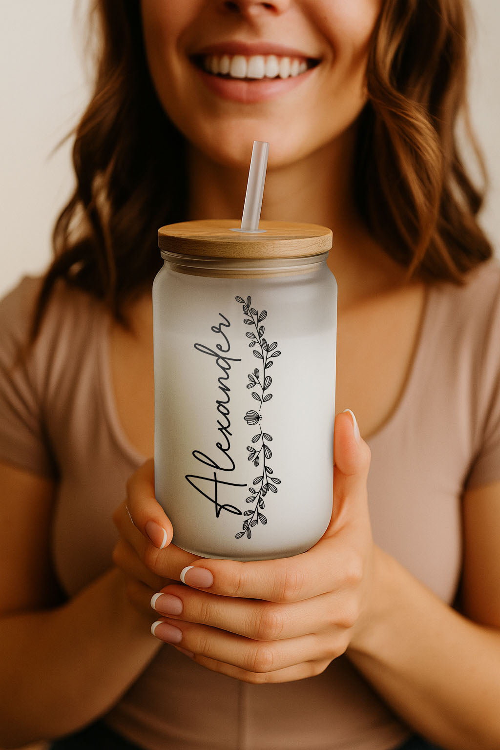 Floral Personalized Name Glass Tumbler, Custom Friends Matching Coffee Cup
