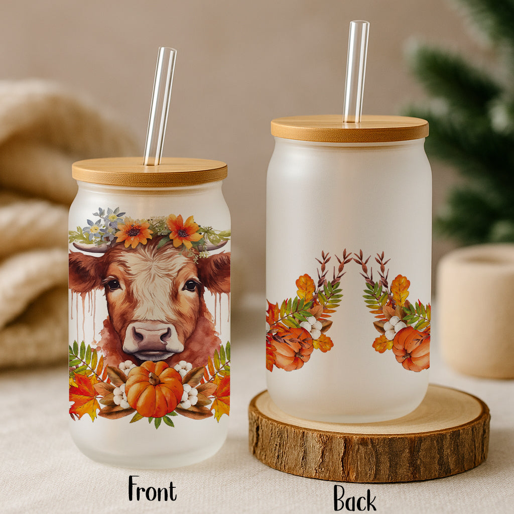 Floral Cow and Pumpkins Design Tumbler, Eco-Friendly, Autumn Style