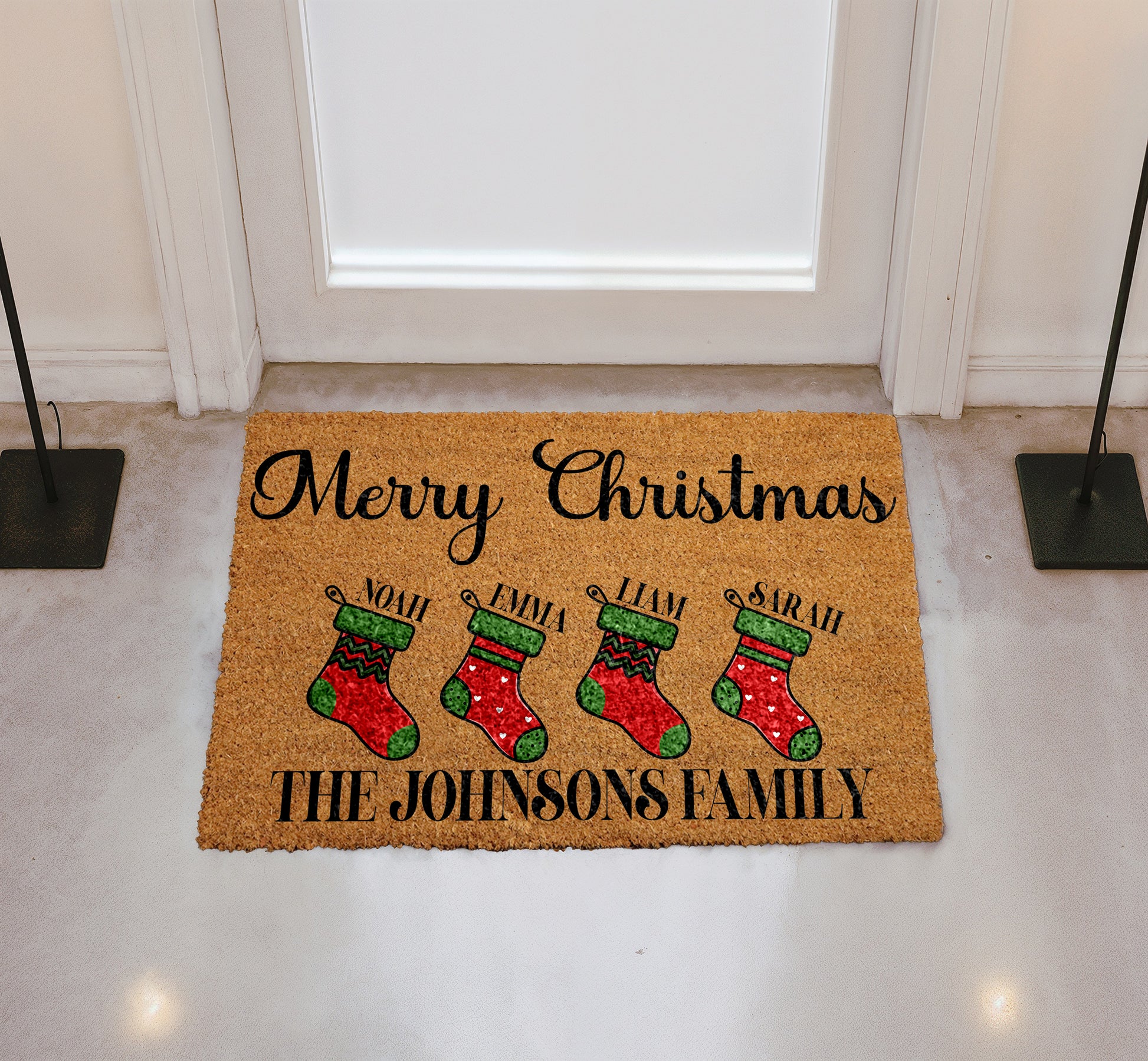 Custom Family Names Stocking Welcome Mat, Holiday Home Entrance Decor
